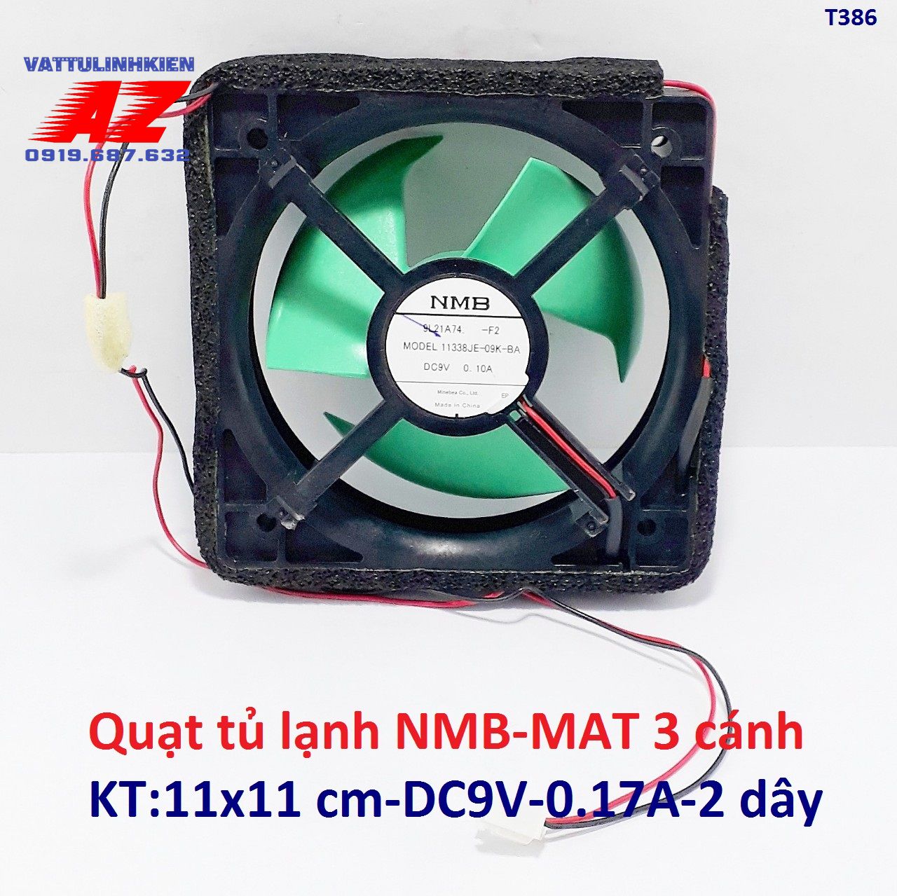Quạt gió tủ lạnh vuông kt:11cm x11cm - dc9v - 0.10a - 3 cánh - 2 dây