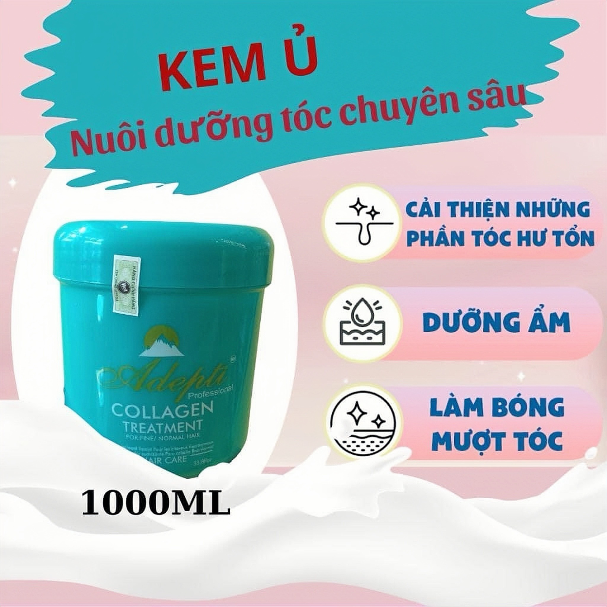 Kem ủ tóc Collagen Adepti phục hồi tóc hư tổn - Dầu hấp tóc siêu mềm 1000ml