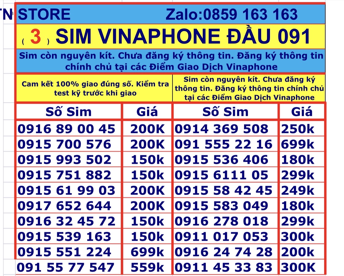 Sim vinaphone số đẹp đầu số 091 - sim vina trả trước