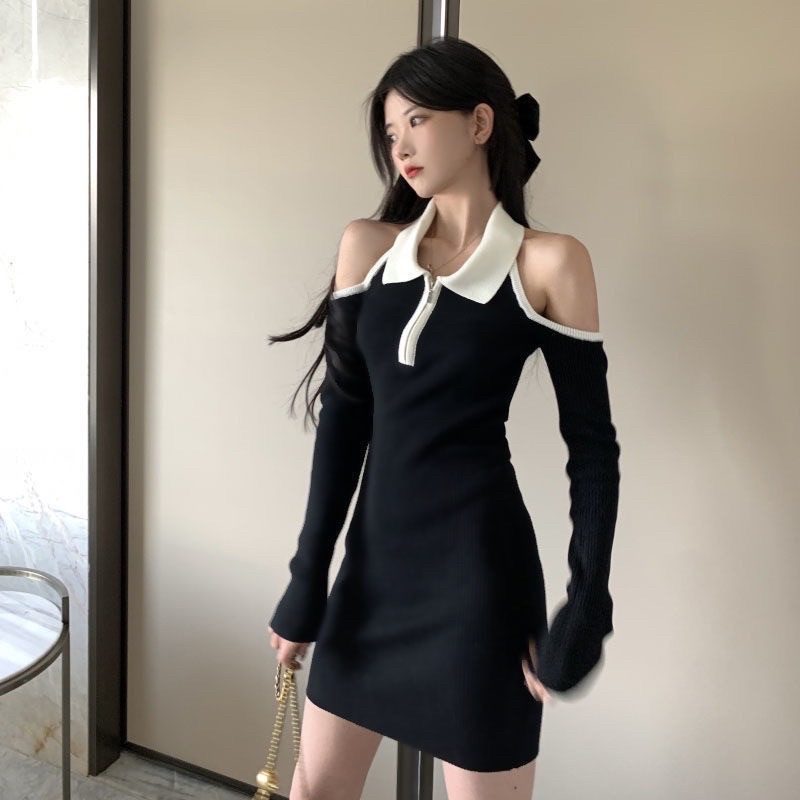 Đầm bệt vai phối khoá kiểu viền