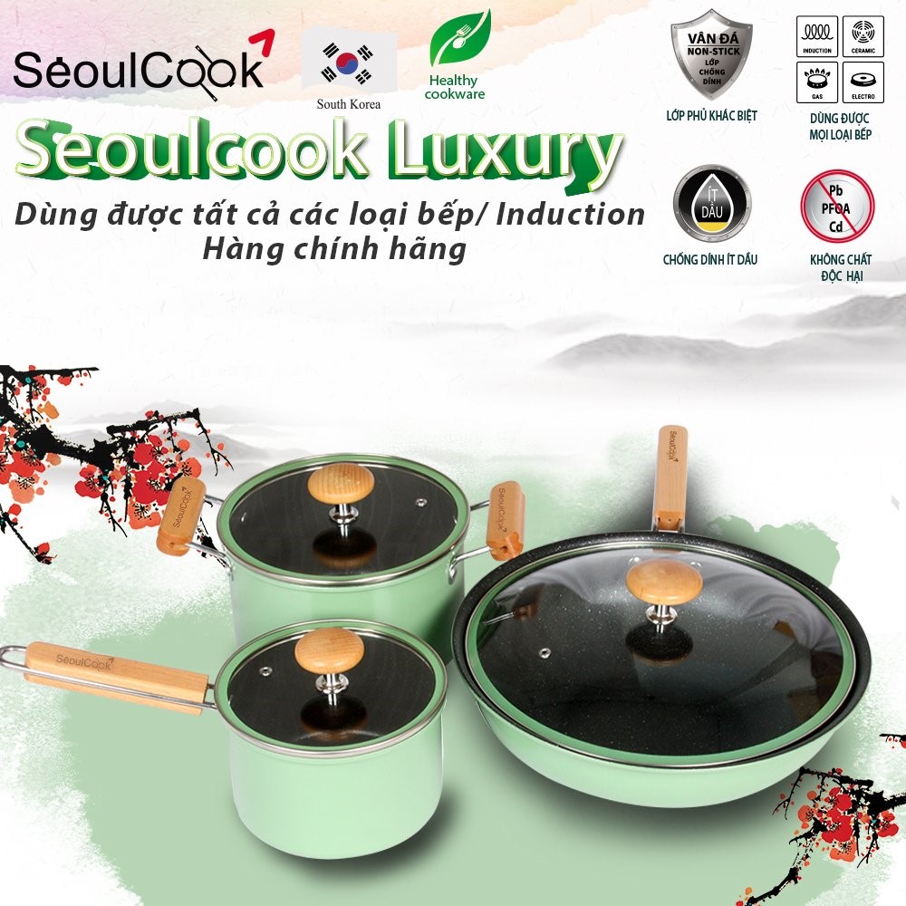 (Tặng kem Hàn Quốc The Rucy trị gia 290K) Bộ 3 món nồi chảo đáy từ cao cấp Hàn Quốc Seoulcook Luxury chống dính vân đá an toàn cho sức khỏe, dùng cho bếp gas, hồng ngoại– Hàng chính hãng