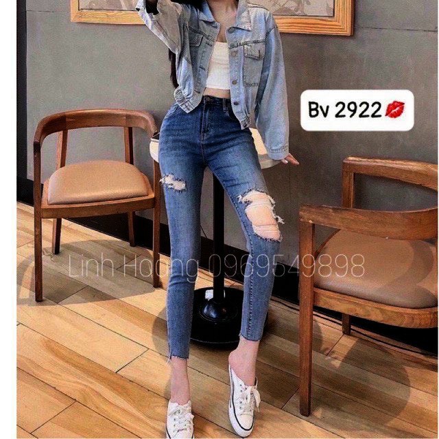 Quần Jean Nữ Kiểu Ôm Rách Gối Siêu Chất-JT