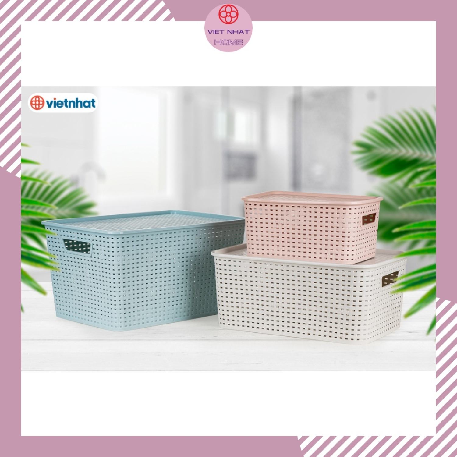 Rổ đan mây đựng đồ đa năng có nắp, giỏ đựng quần áo, dụng cụ nhà bếp nhựa việt nhật cao cấp 3388 việt nhật home