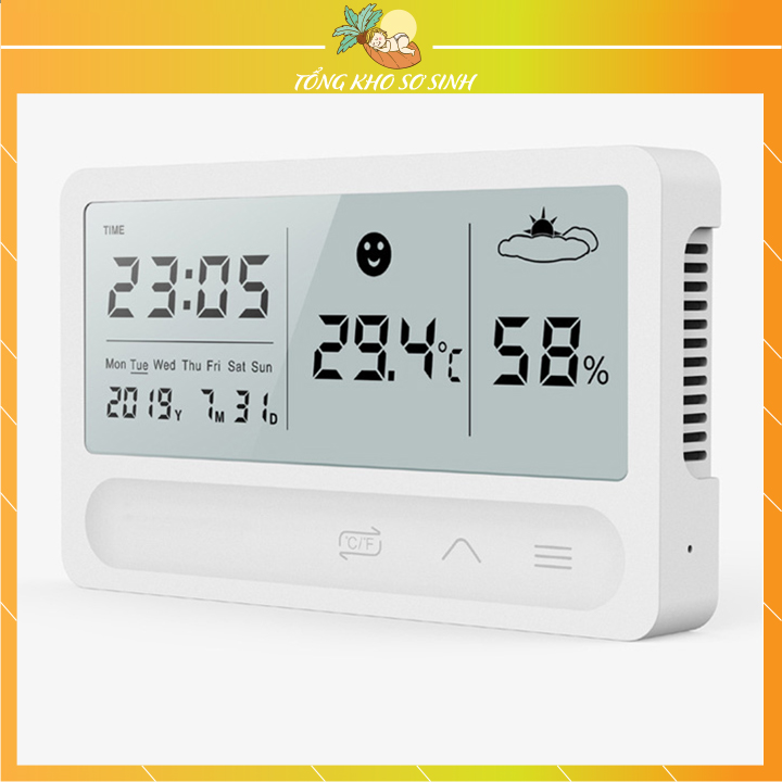 Nhiệt ẩm kế điện tử cao cấp 5 trong 1 [Nút cảm ứng, có chức năng báo thức]: Đo nhiệt độ, đo độ ẩm, báo thức, đồng hồ, lịch ngày tháng, đồng hồ đo nhiệt độ phòng, đồng hồ điện tử để bàn
