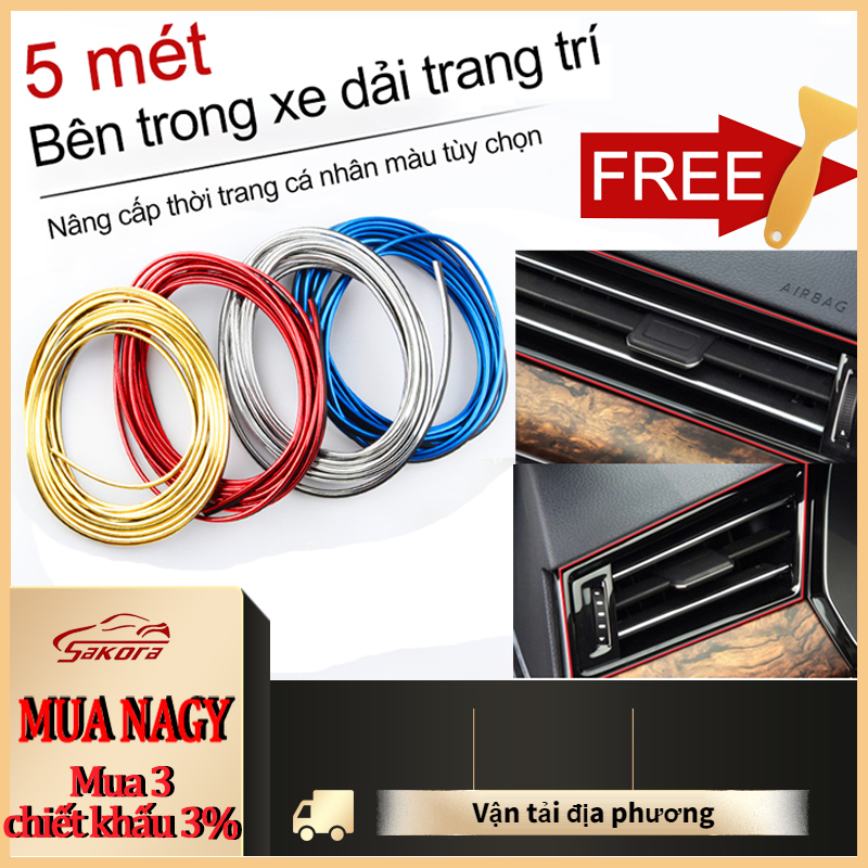 Cuộn chỉ nẹp nhựa bóng 5 mét mềm dán viền trang trí nội thất xe hơi, ô tô khe táp lô, bảng điều khiển, loa, hộp số (mạ điện màu đỏ, mạ điện vàng, mạ điện màu xanh, mạ điện bạc, mạ điện màu tím)