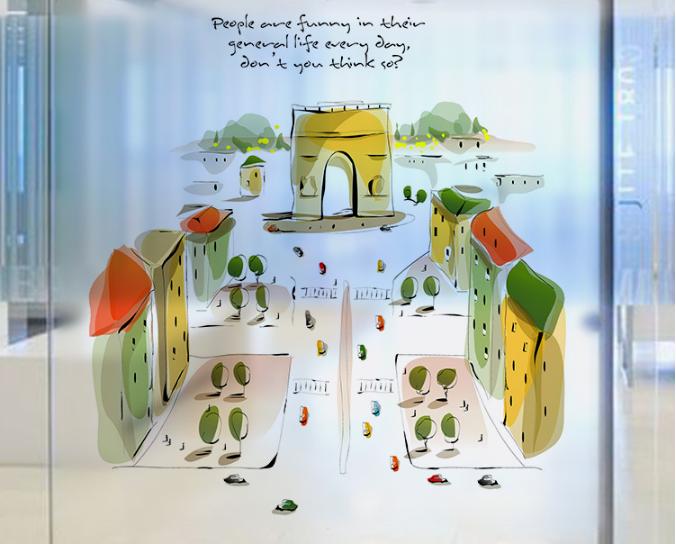 [HCM]Decal Dán Kính Cao Cấp - Thành Phố nhà tranh( 60x58 )-DK7071