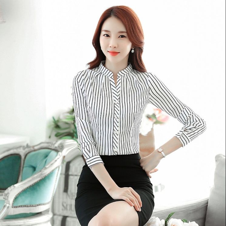 Sơ mi nữ công sở kẻ sọc, áo nữ cổ V thời trang thanh lích cho quý cô công sở