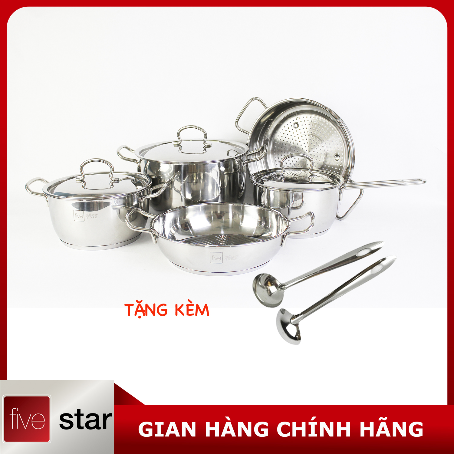 Bộ Nồi Inox Cao cấp Fivestar 5 món nắp inox , 3 đáy , inox 430