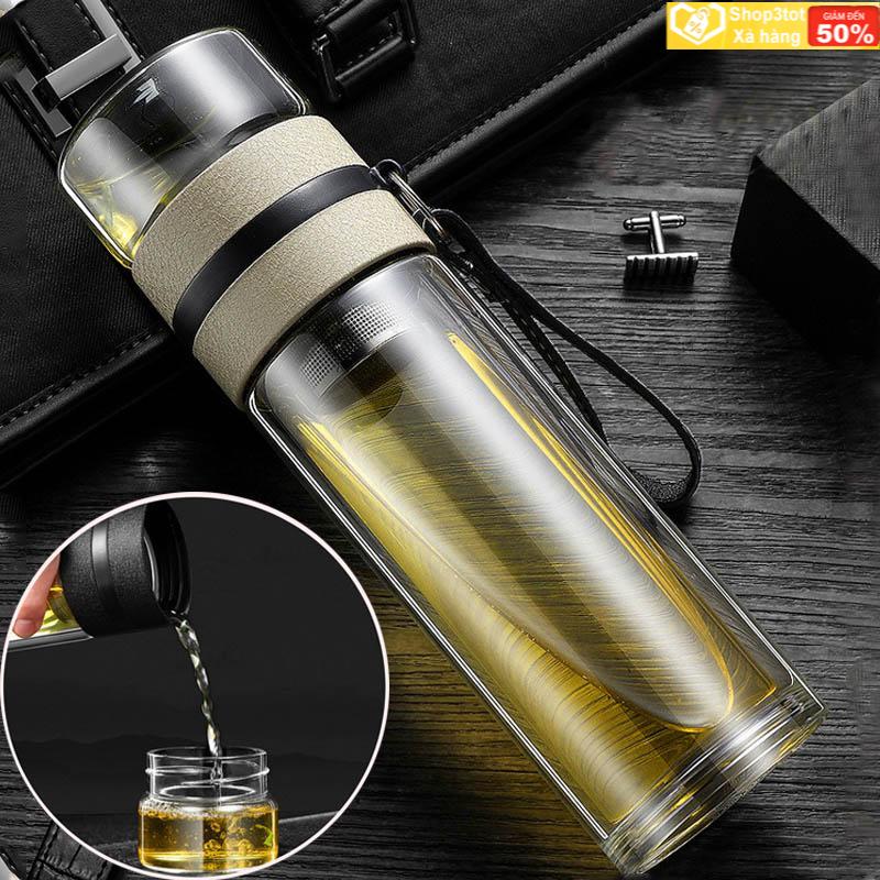 Bình thủy tinh 2 lớp giữ nhiệt 400ml kèm bộ lọc pha trà inox 304 và nắp bằng thủy tinh kiêm cốc-ly uống trà, có dây đeo (Hà Nội-hàng có sẵn)
