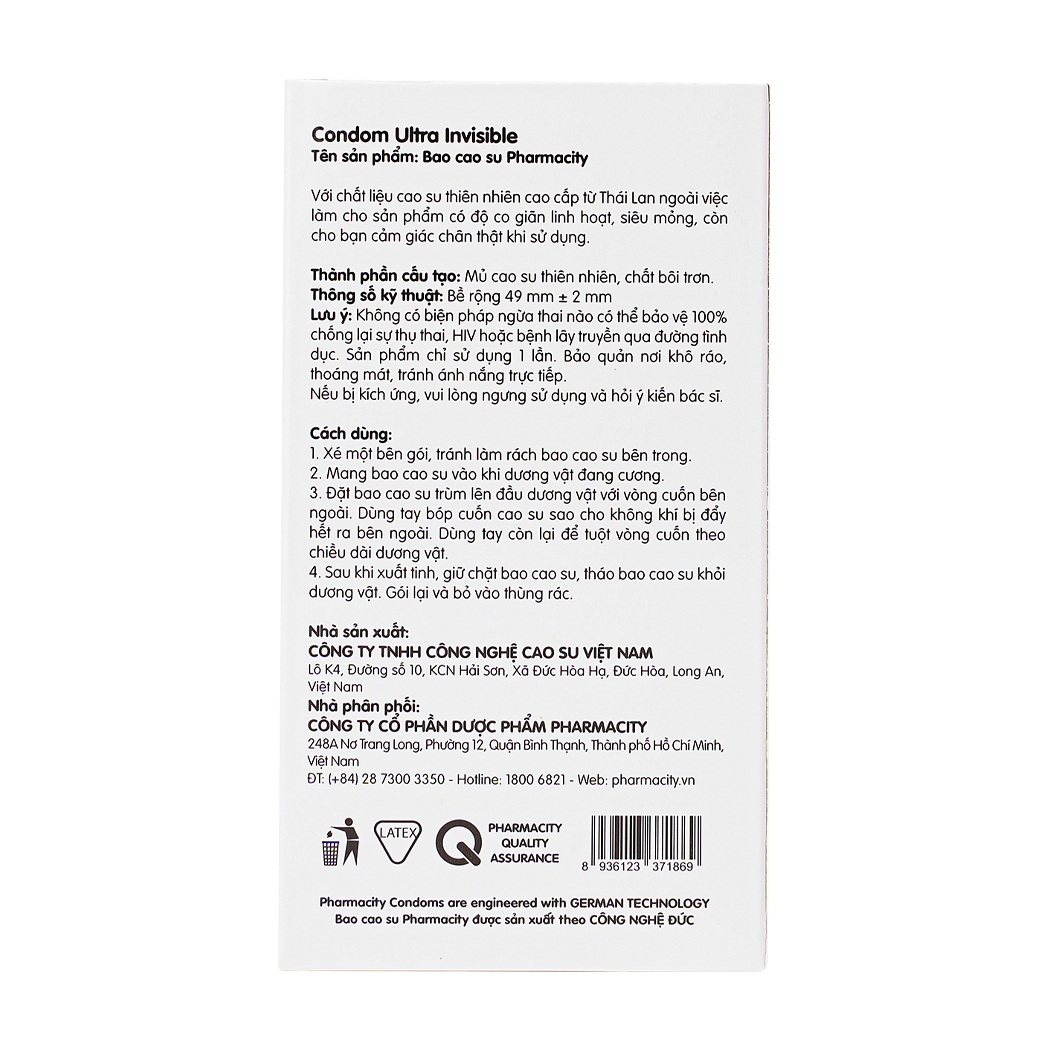 Bao cao su siêu mỏng Pharmacity Ultra Invisible (10 cái/hộp)
