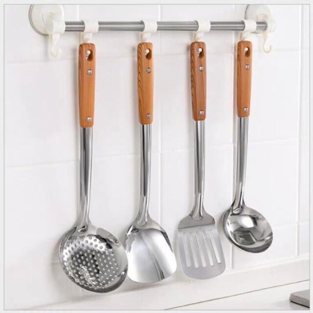 Muôi Xẻng Nấu Bếp Inox Sáng Bóng Cán Vân Gỗ