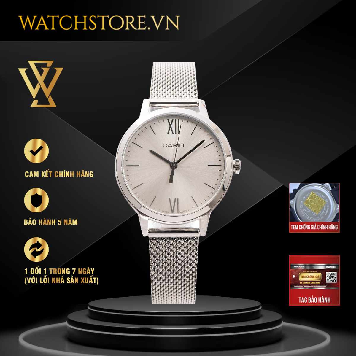 Đồng hồ quartz nữ casio chính hãng watchstore ltp-e157m-7adf thiết kế kính khoáng 32mm, dây kim loại, vỏ thép không gỉ