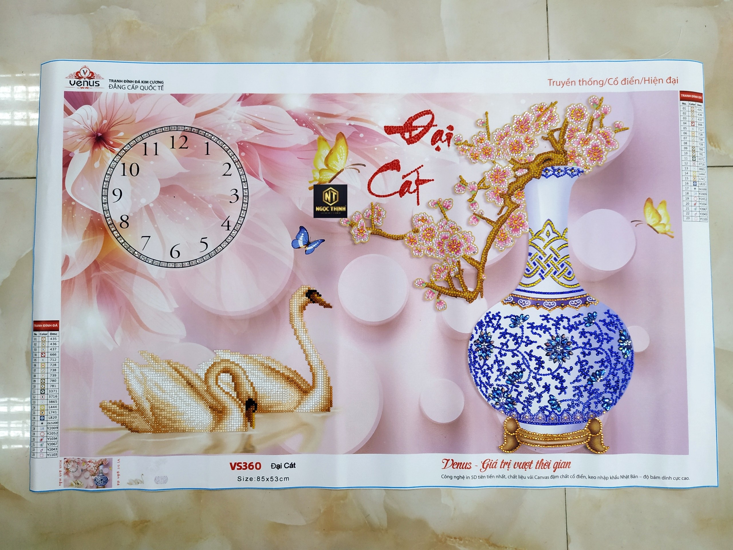 Tranh đính đá đồng hồ Đại Cát  bình bông VS360 KT85x53cm