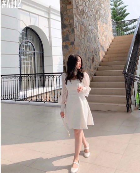 (THANH LÝ) Đầm Trắng Xòe Tay Phồng Dễ Thương
