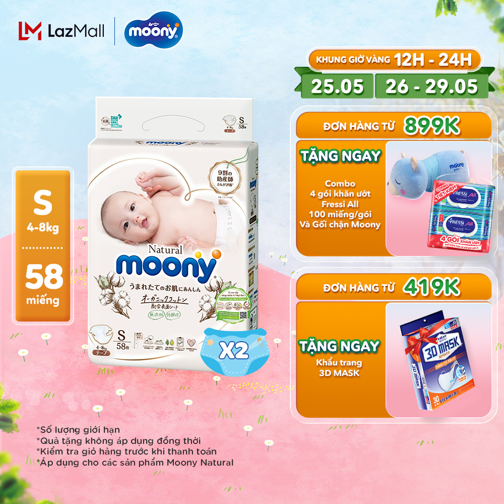 [Voucher 8%] [Đủ Size] Combo 2 Tã/Bỉm dán cao cấp Moony Natural NB63/S58/M46/L38