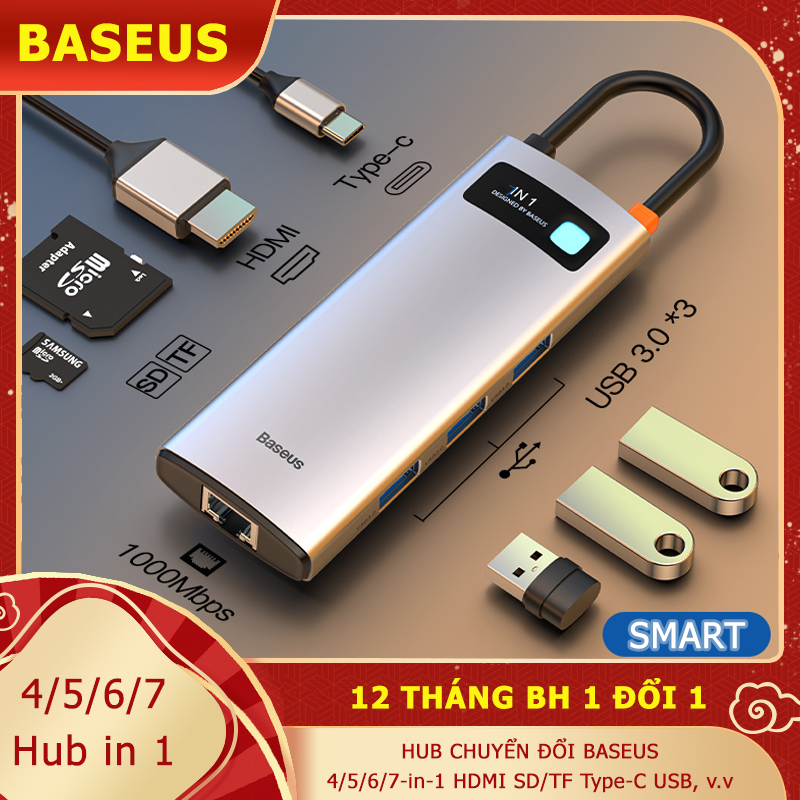 USB HUB | Bộ chuyển đổi Hub Type C Baseus 7/6/5/4 cổng cho Macbook Xiaomi Asus Lenovo HP Dell Razer iPhone Samsung Huawei dùng để trình chiếu, xem film HD 4K hỗ trợ công nghệ OTG - 12 tháng bả hành phân phối bởi Baniecom