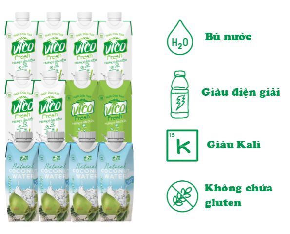 COMBO 12 HỘP NƯỚC DỪA VICO FRESH 330ML (4 NATURAL, 6 XIÊM, 2 DỨA)