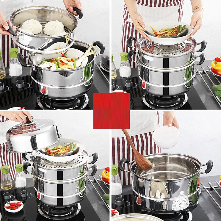 Nồi hấp inox 3 tầng 28cm Siêu bền tiện lợi