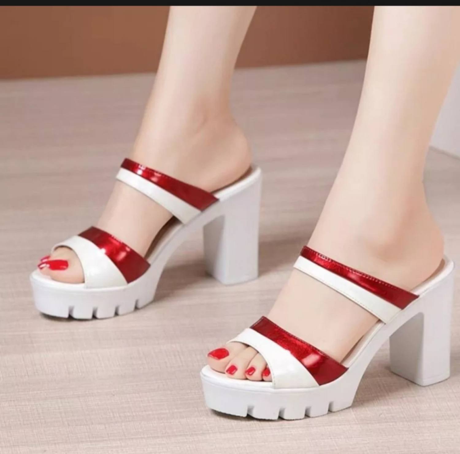 Dép cao gót đế thô 2 quai phối màu 9f L90