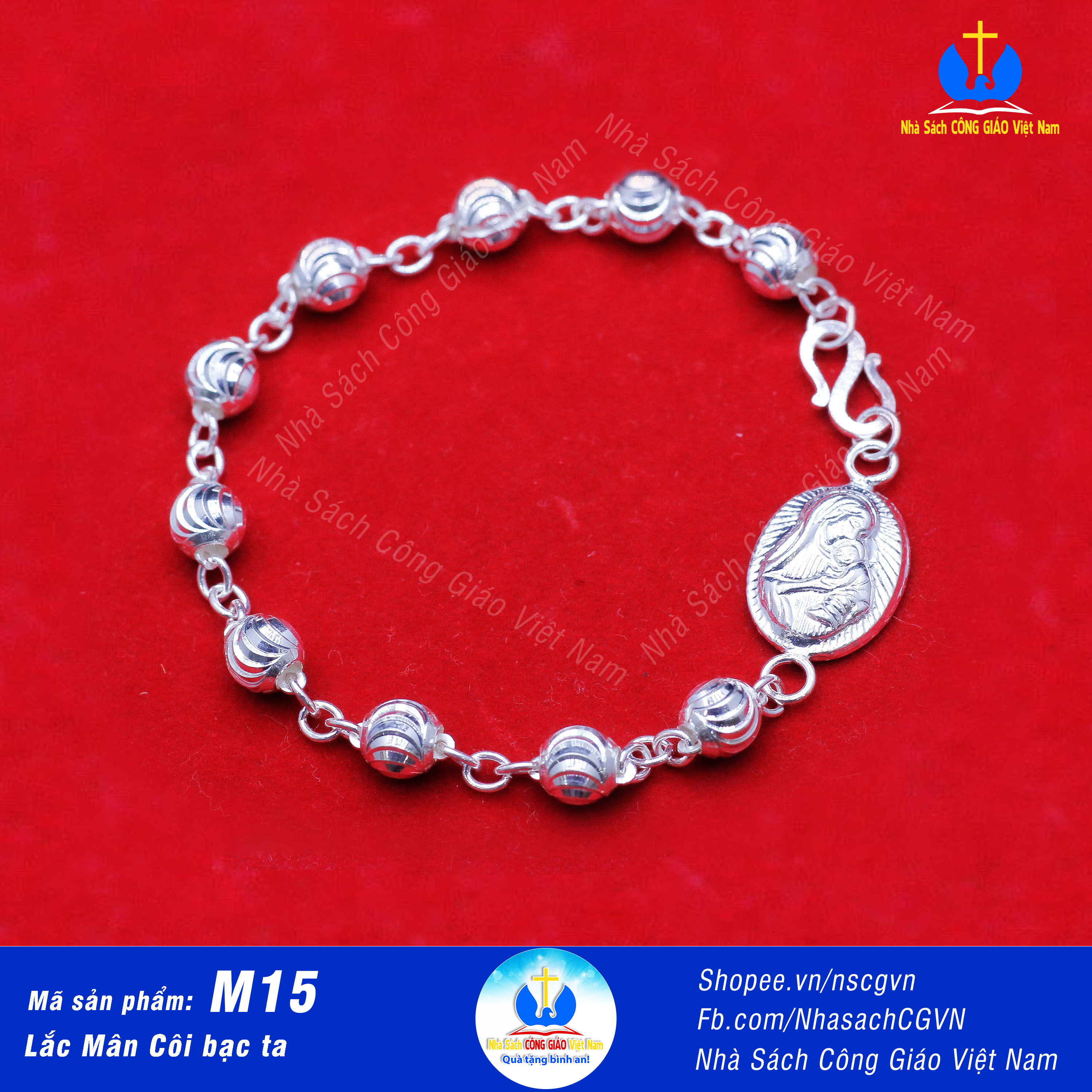 Vòng mân côi - lắc tràng hạt bạc ta m15