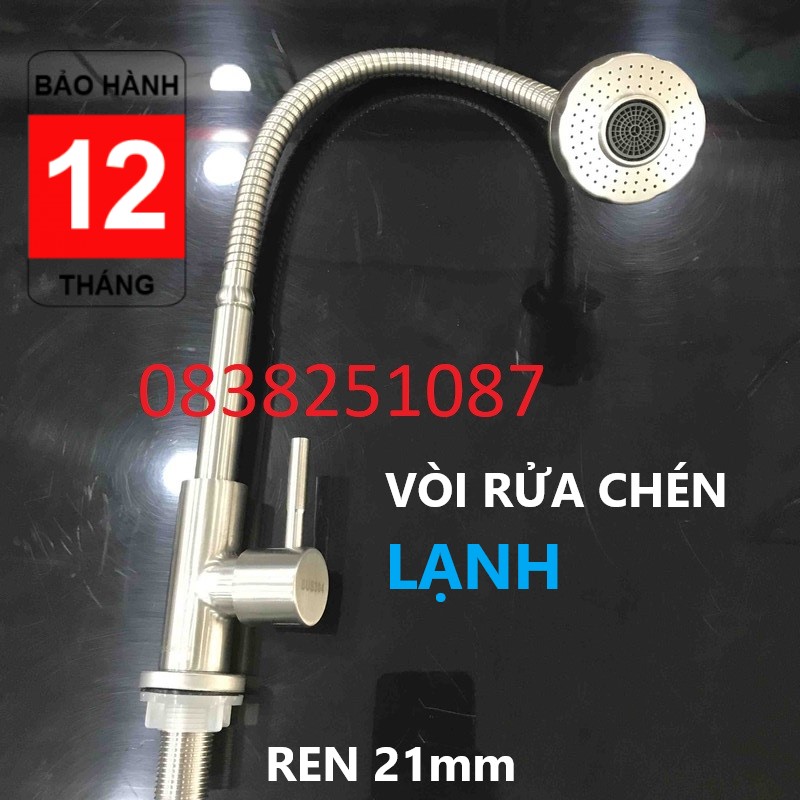 Vòi rửa chén lạnh Inox SUS 304 cần lò xo xoay 360 độ