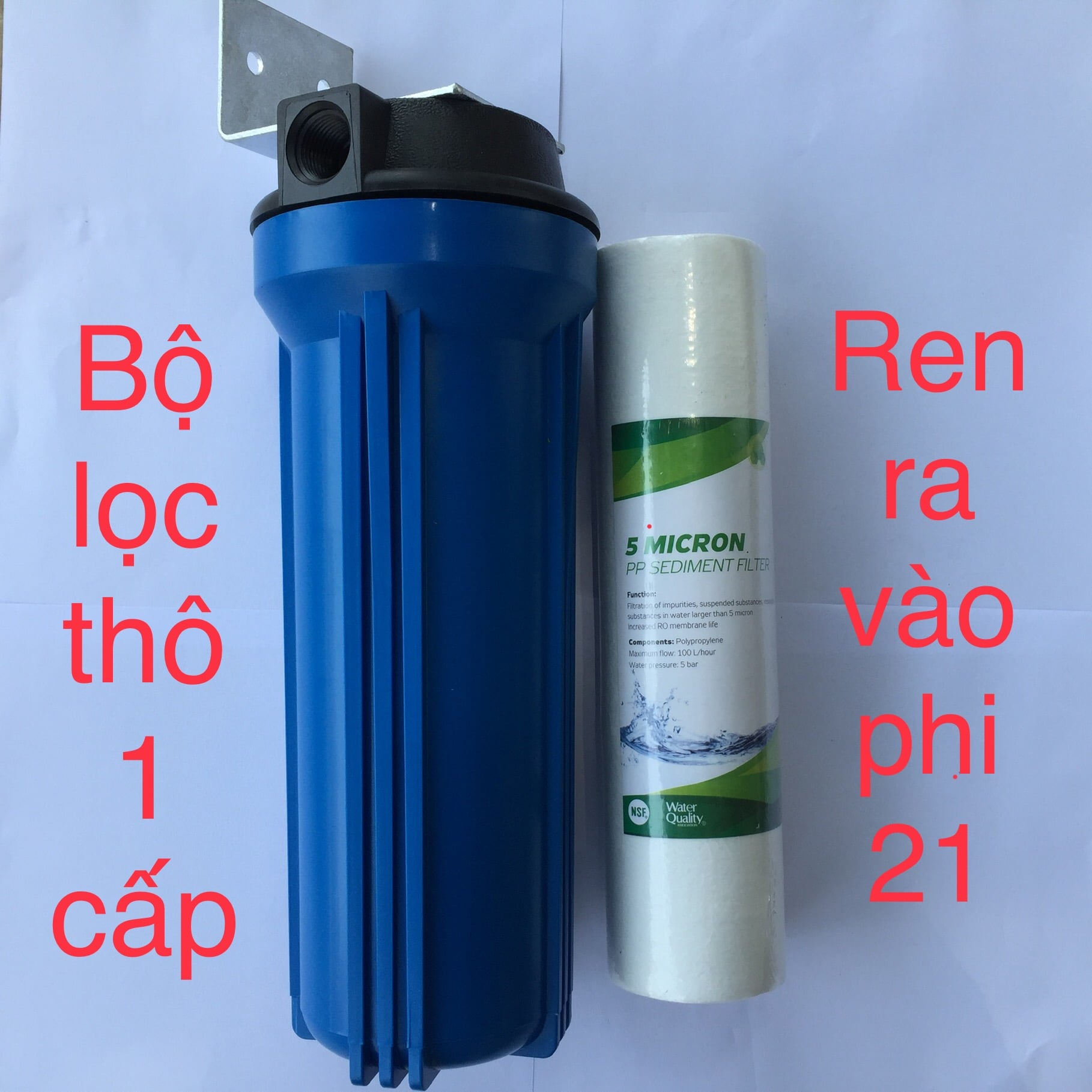 Bộ lọc nước thô đầu nguồn 1 cấp ren trong 21 cốc trong và cốc xanh (có sẵn lõi lọc và giá treo)