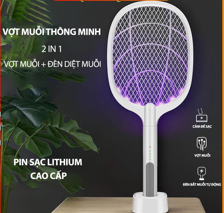[BẢO HÀNH 12 THÁNG] Vợt muỗi thông minh tự động bắt muỗi, vợt bắt muỗi tự đông cao cấp giá rẻ kèm đế và dây sạc USB - Vợt muỗi điện quang, vợt muỗi rạng đông đa năng, vot muoi, vot bat muoi