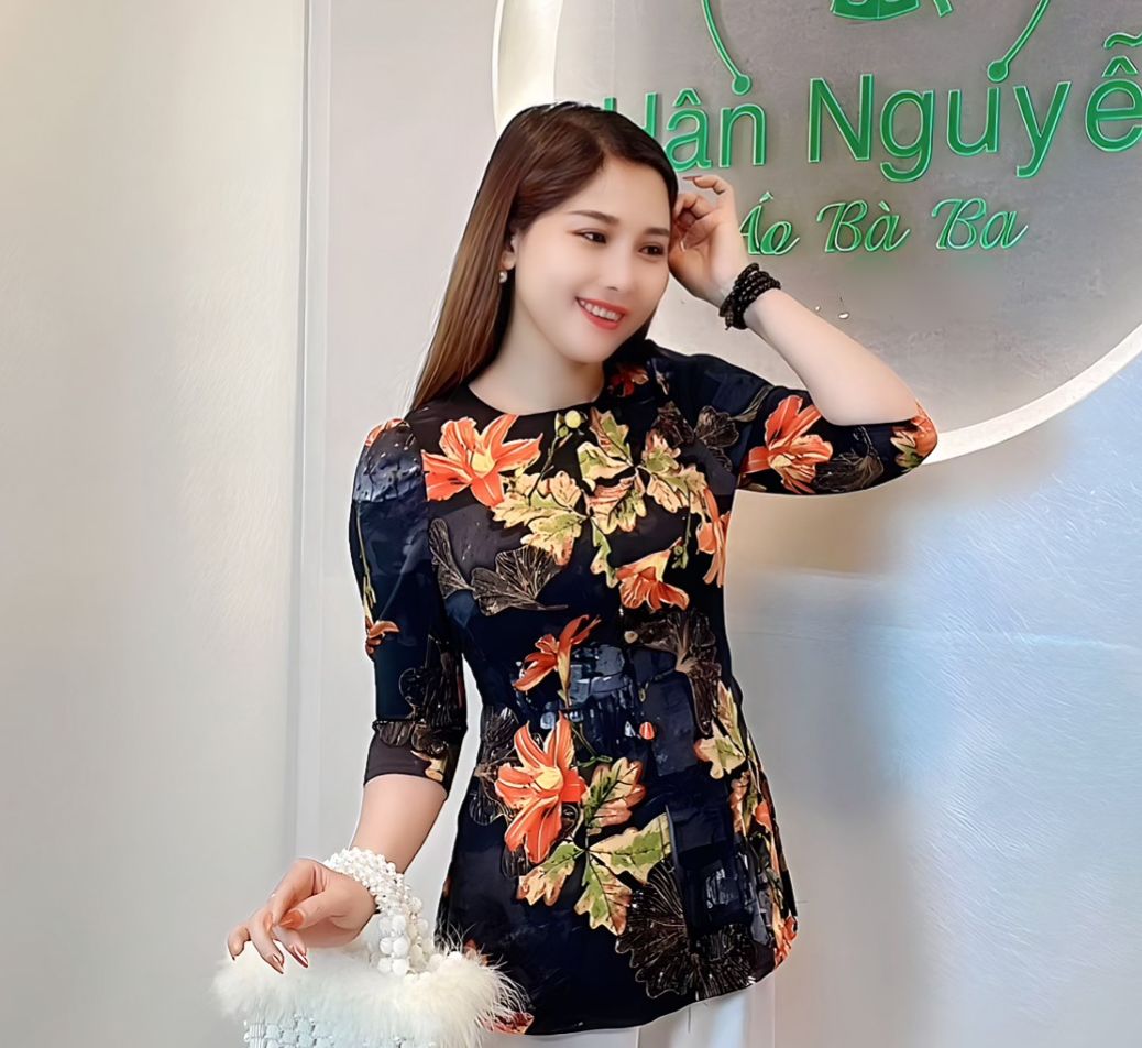 B.A66 - Áo Bà Ba Lụa in Hoa Ly Dây Kéo Nút Bọc (Áo Lẻ)