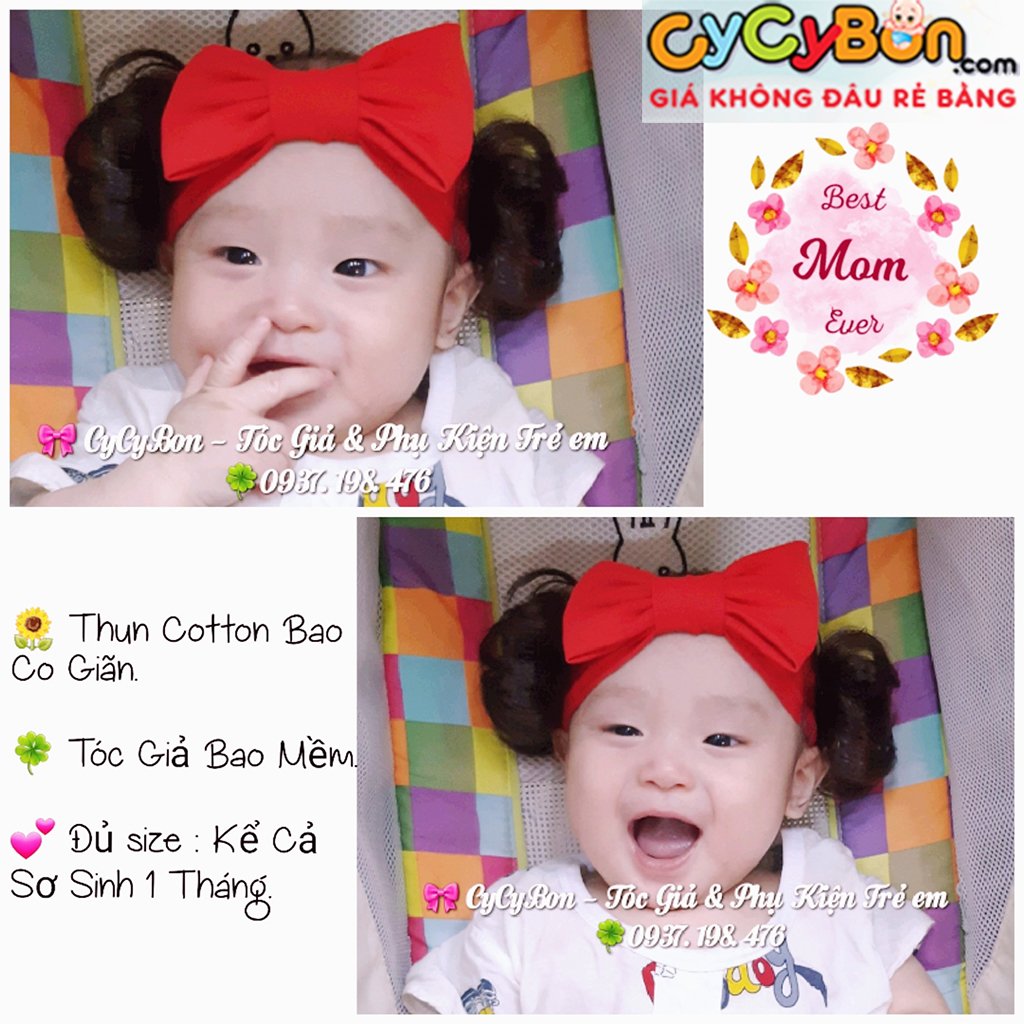 Băng Đô Turban Cho Bé Thun Cotton Nơ Đỏ Kèm Tóc Giả 2 Bên - Có Đủ Size Kể Cả Sơ Sinh !