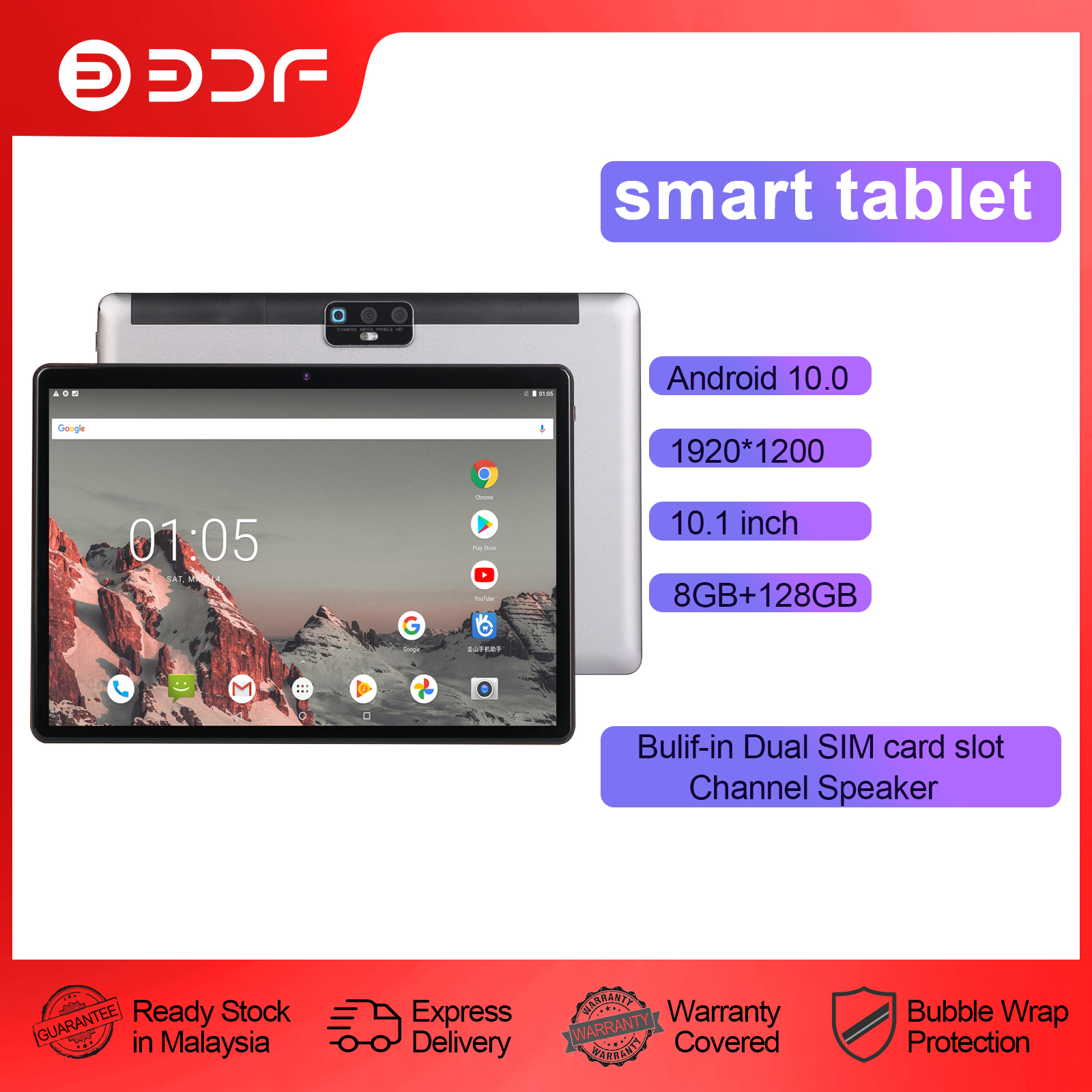 Máy tính bảng BDF 10 inch Android 9.0 Máy tính bảng Pc 8 lõi IPS CE Nhãn