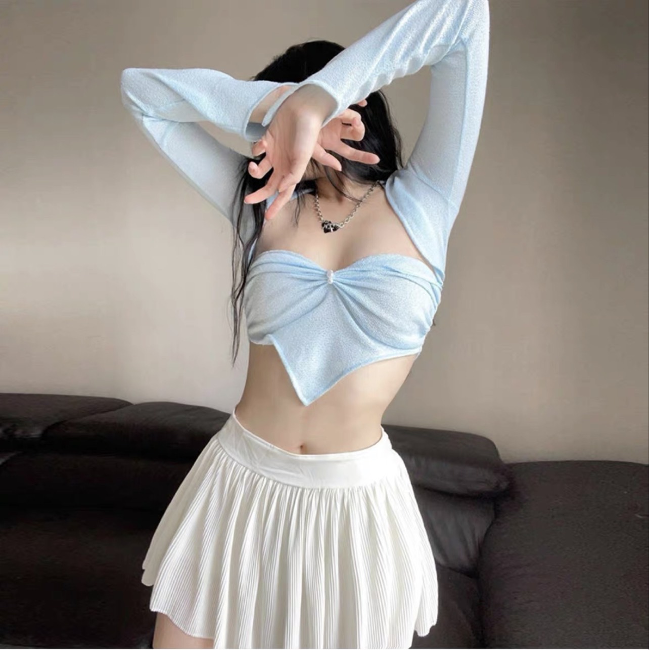 Áo croptop tay dài vạt nhọn PINKSTORE29 A5493 cổ hở quyến rũ