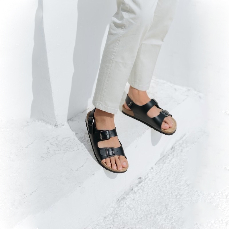 Giày Sandal Đế trấu Unisex 2 khóa da pu đen