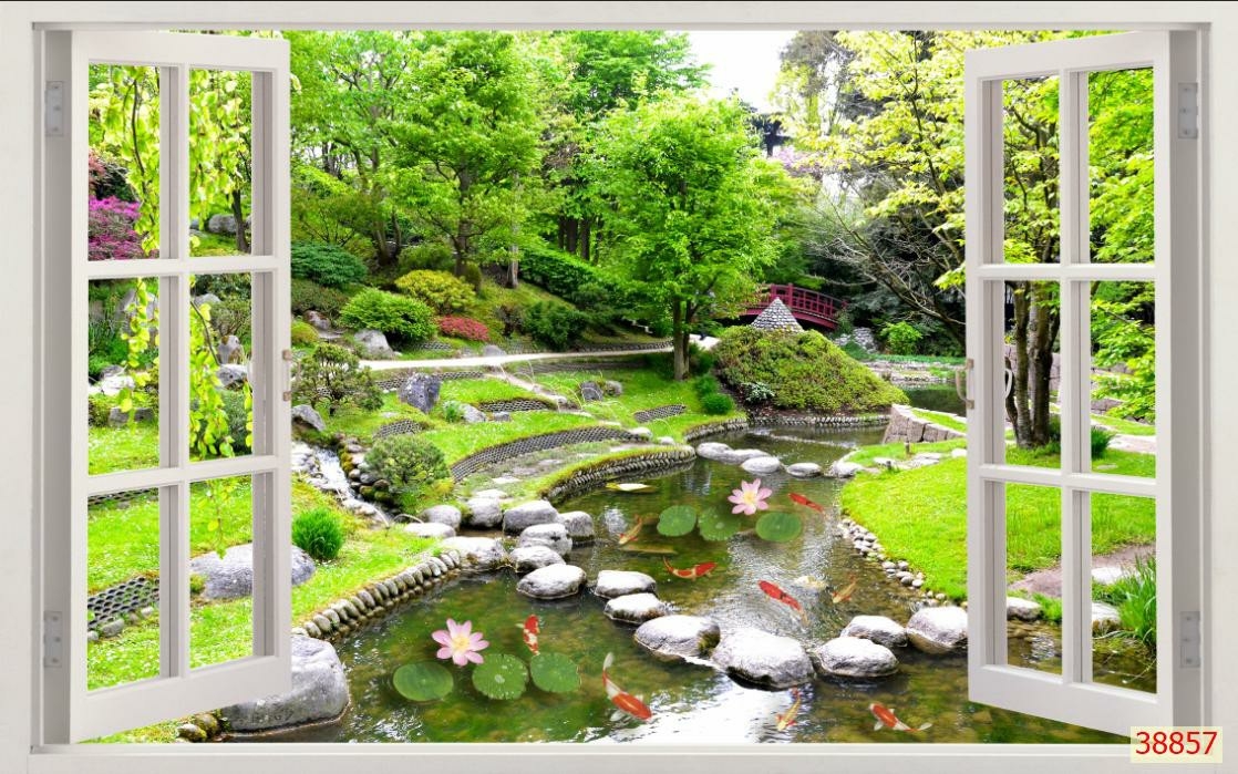 Tranh 3D cửa sổ dán tường in trên chất liệu lụa cao cấp