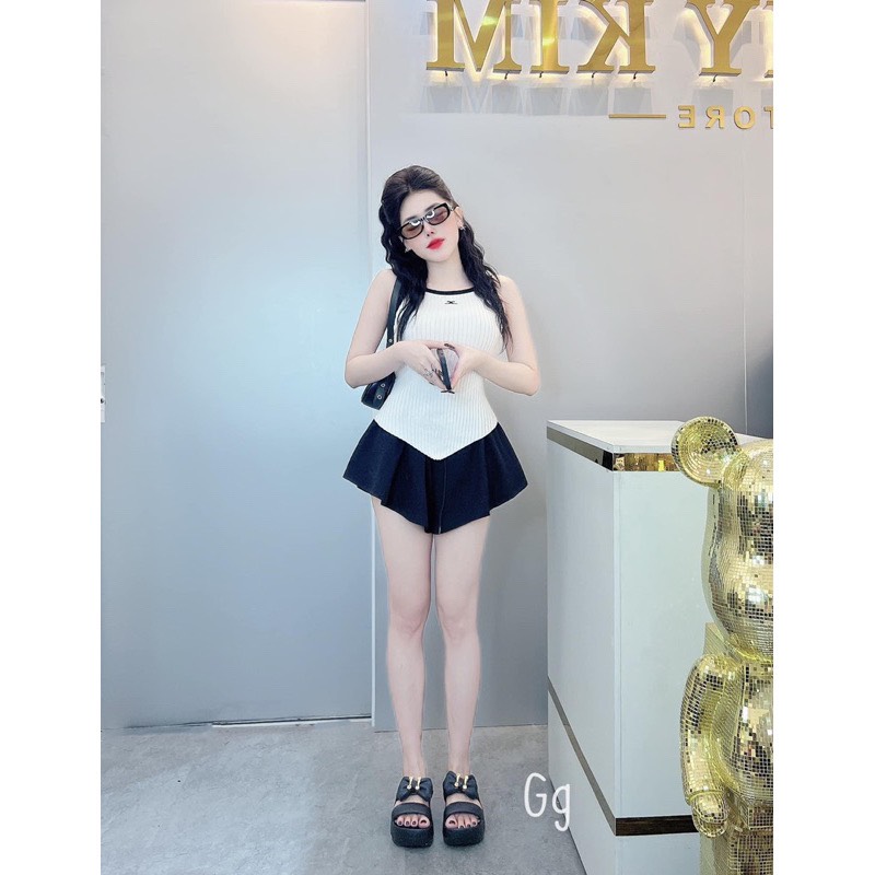 Sét bộ áo 2 dây viền màu nhọn tà phối quần đùi xòe cực hot , chất thun gân dày dặn