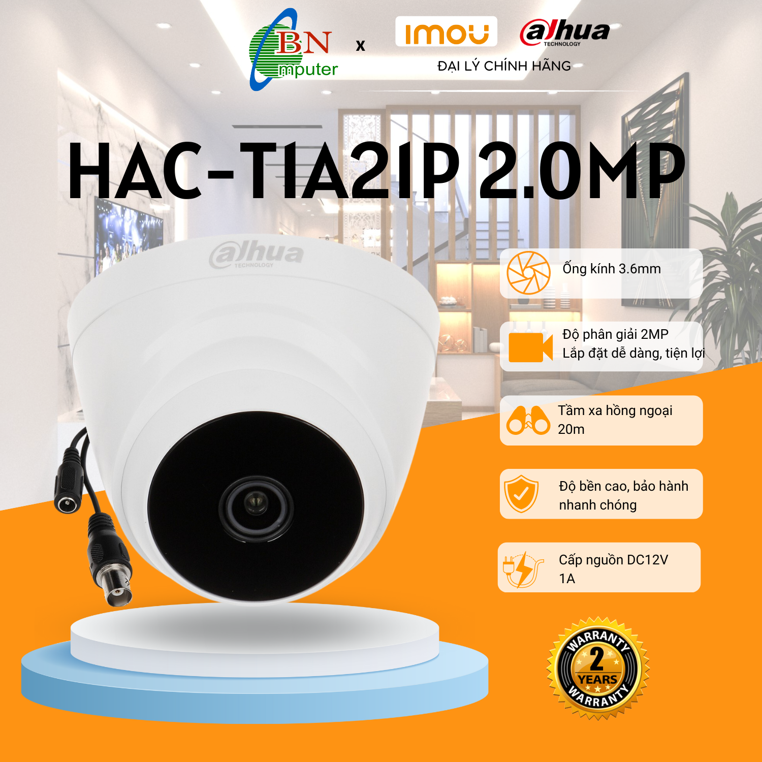 Camera quan sát analog DH-HAC- T1A21P 2.0MP bán cầu nhựa, hồng ngoại 20m, bảo hành 24 tháng