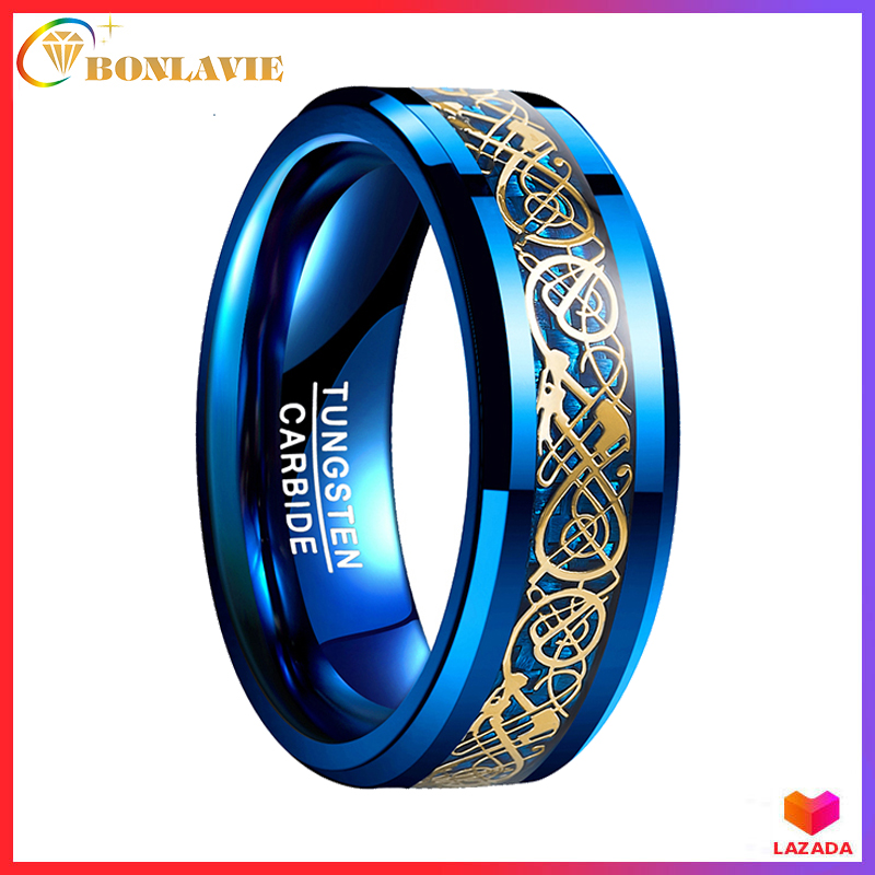 BONLAVIE 8mm Mens Celtic Dragon Genuine Tungsten Carbide Wedding Band Blue Carbon Fiber Engagement Ring Size 5-14
