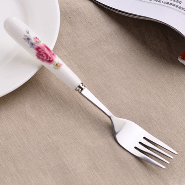 Dĩa INOX Cán Sứ Hoa Hồng Cao Cấp [SIÊU RẺ]