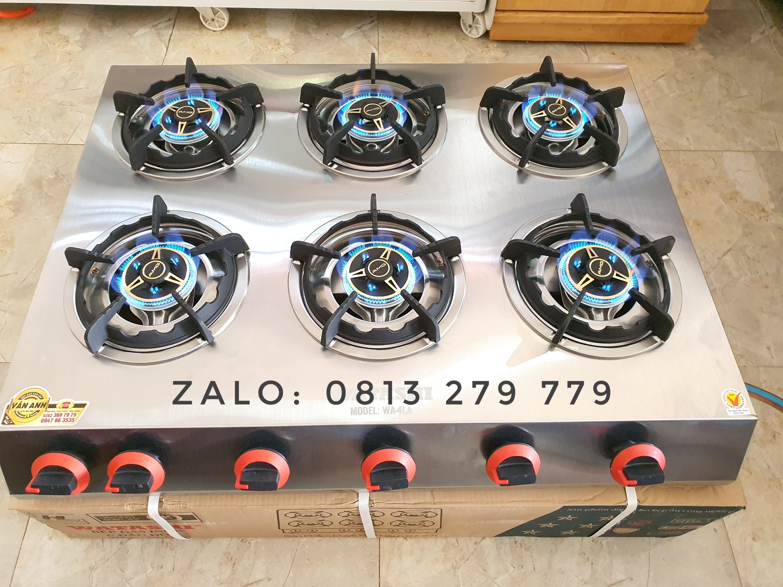 BẾP GAS 6 HỌNG CAO CẤP ( ĐẦU ĐỐT ĐỒNG ) WHATASHI