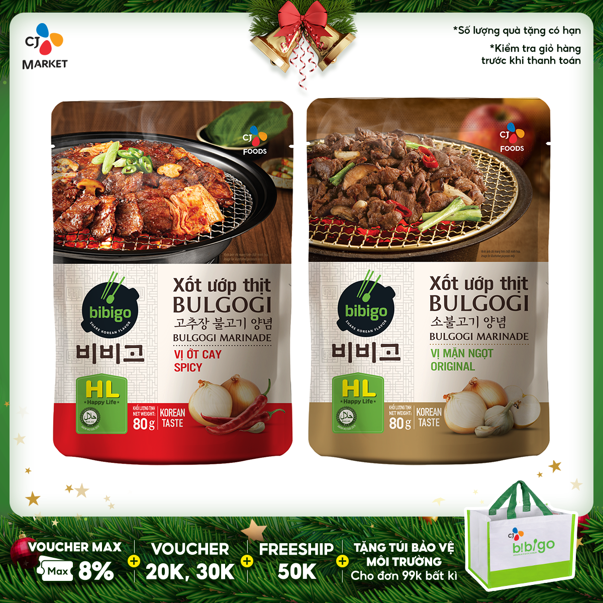 Combo Xốt ướp thịt Bulgogi Vị ớt cay và mặn ngọt Bibigo 160g 2 gói x 80g
