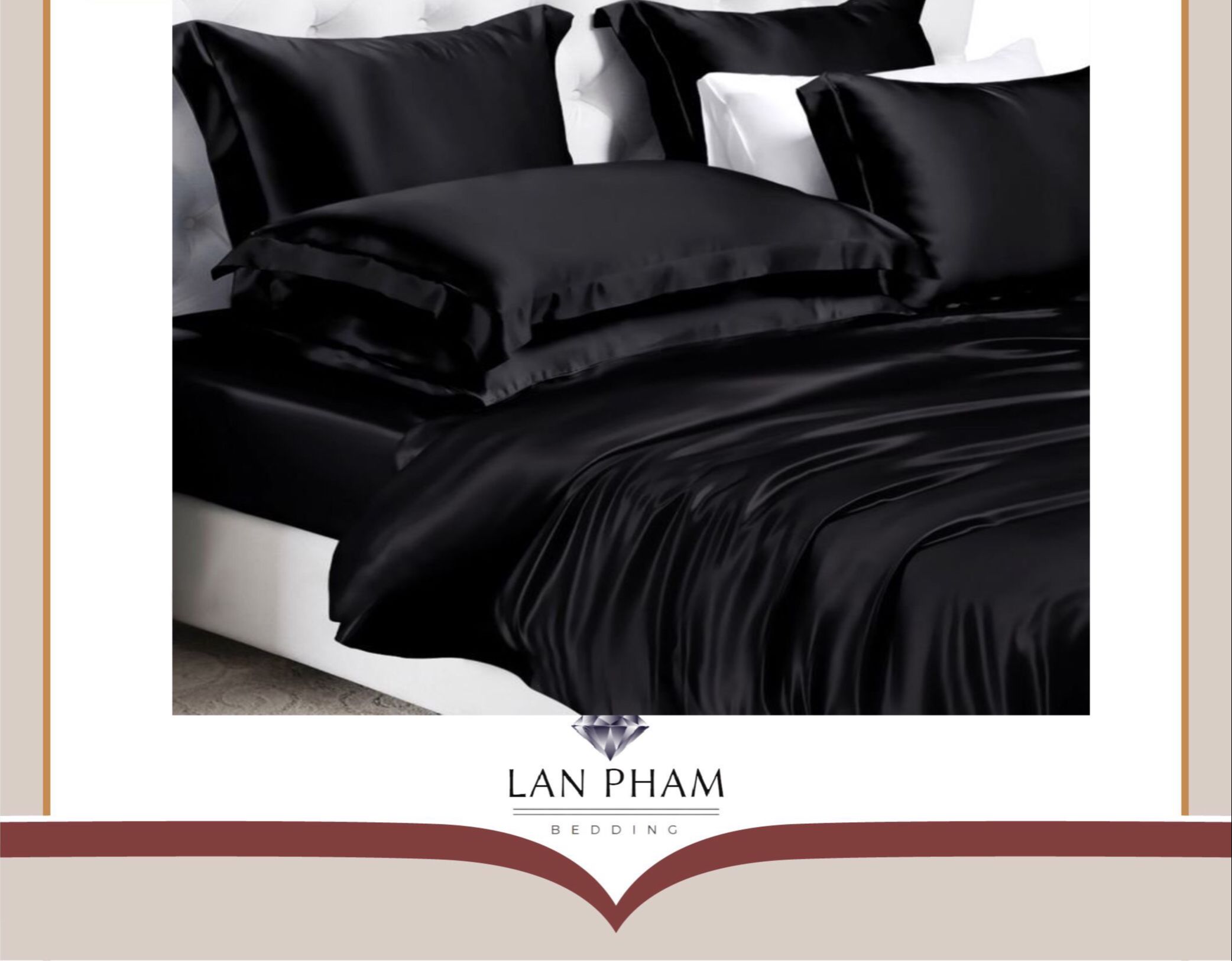 ( Lụa Loại 1) Bộ 5 Món Vỏ Chăn Ga Gối Phi Lụa Màu Đen Cao Cấp Mềm Mại Lan Pham Bedding