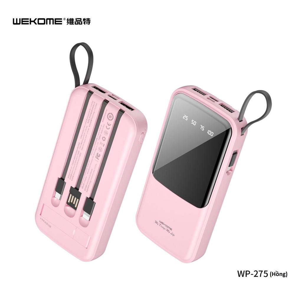 Sạc dự phòng đa năng Wekome WP - 275 10000 mah có sẵn 3 đầu dây sạc kèm giá để điện thoại - bảo hành 1 năm