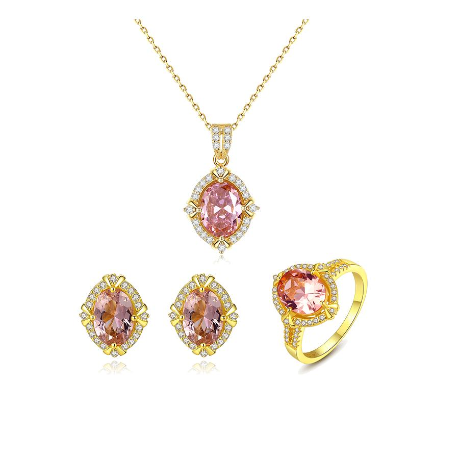 Bộ Trang Sức Bạc Nữ Xi Vàng 18k Cao Cấp, Bộ Nữ Trang 3 Món Bạc Không Rỉ, Trang Sức Đính Đá Sapphire Hồng Nhân Tạo - BNT618 - Bảo Ngọc Jewelry