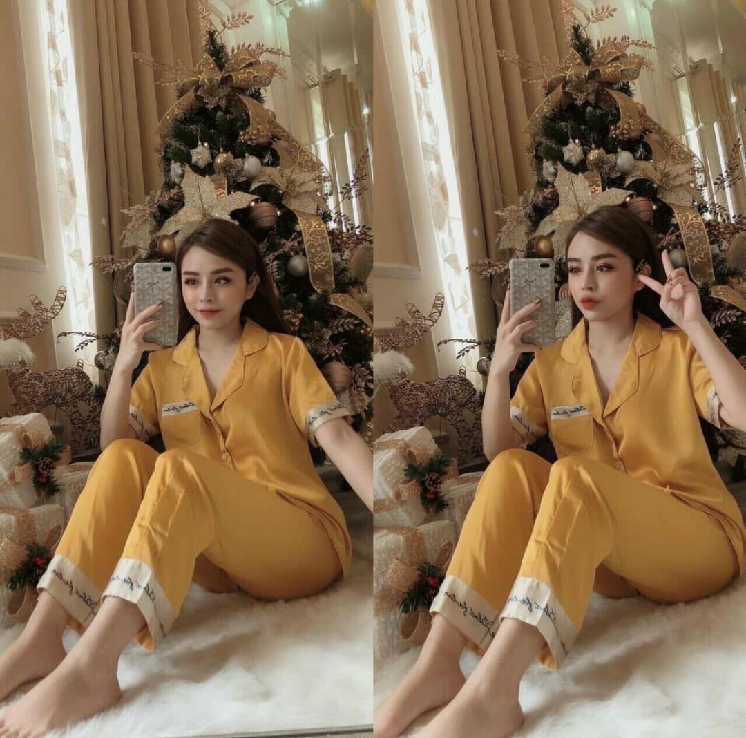 Bộ ngủ nữ phi lụa chữ kí quần dài - dài tay - dồ ngủ pijamas lụa satin cộc tay freesize- bộ ngủ ký - mã bns002 - ivyshop