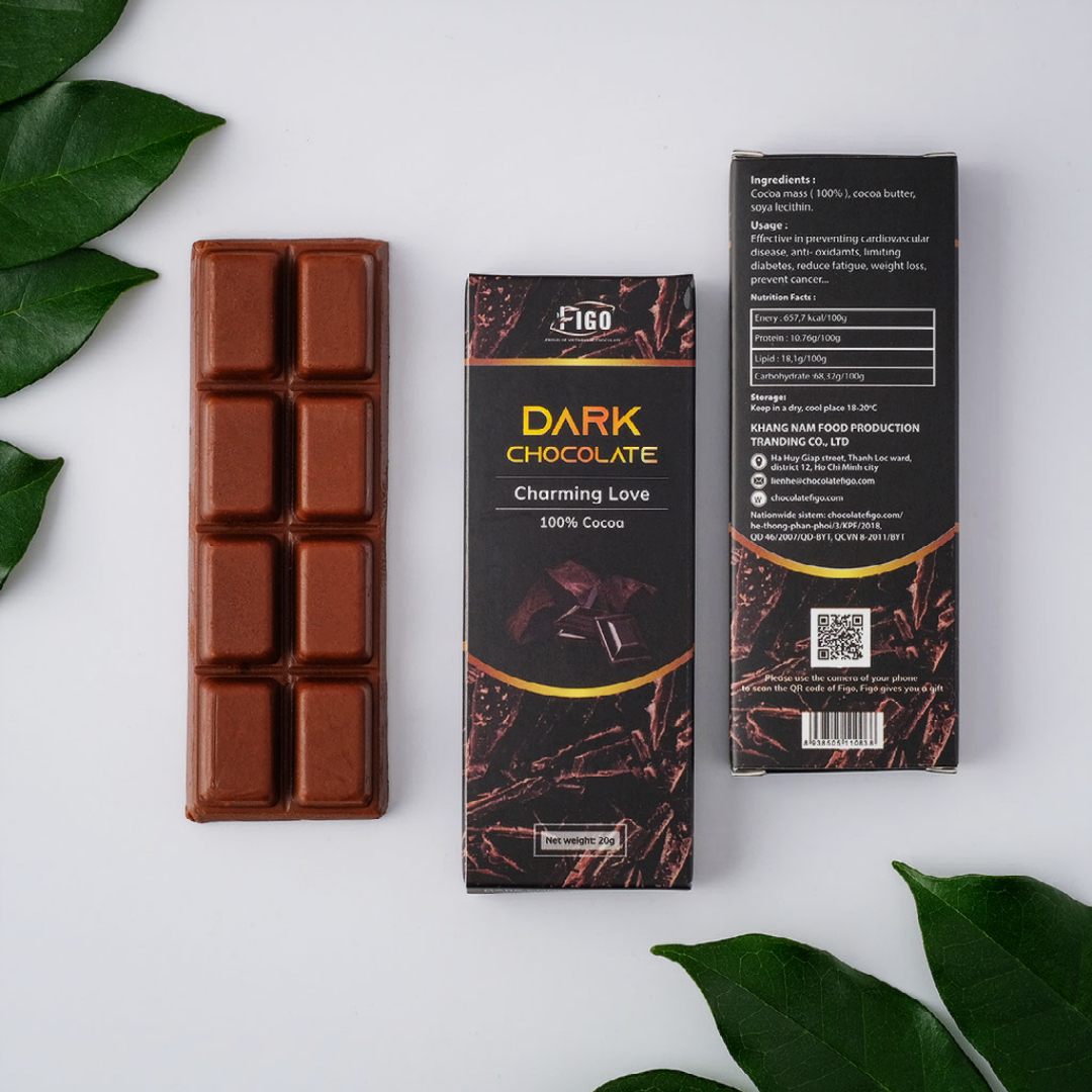 Dark Chocolate 100% cacao nguyên chất 20g FIGO, đồ ăn vặt giảm cân