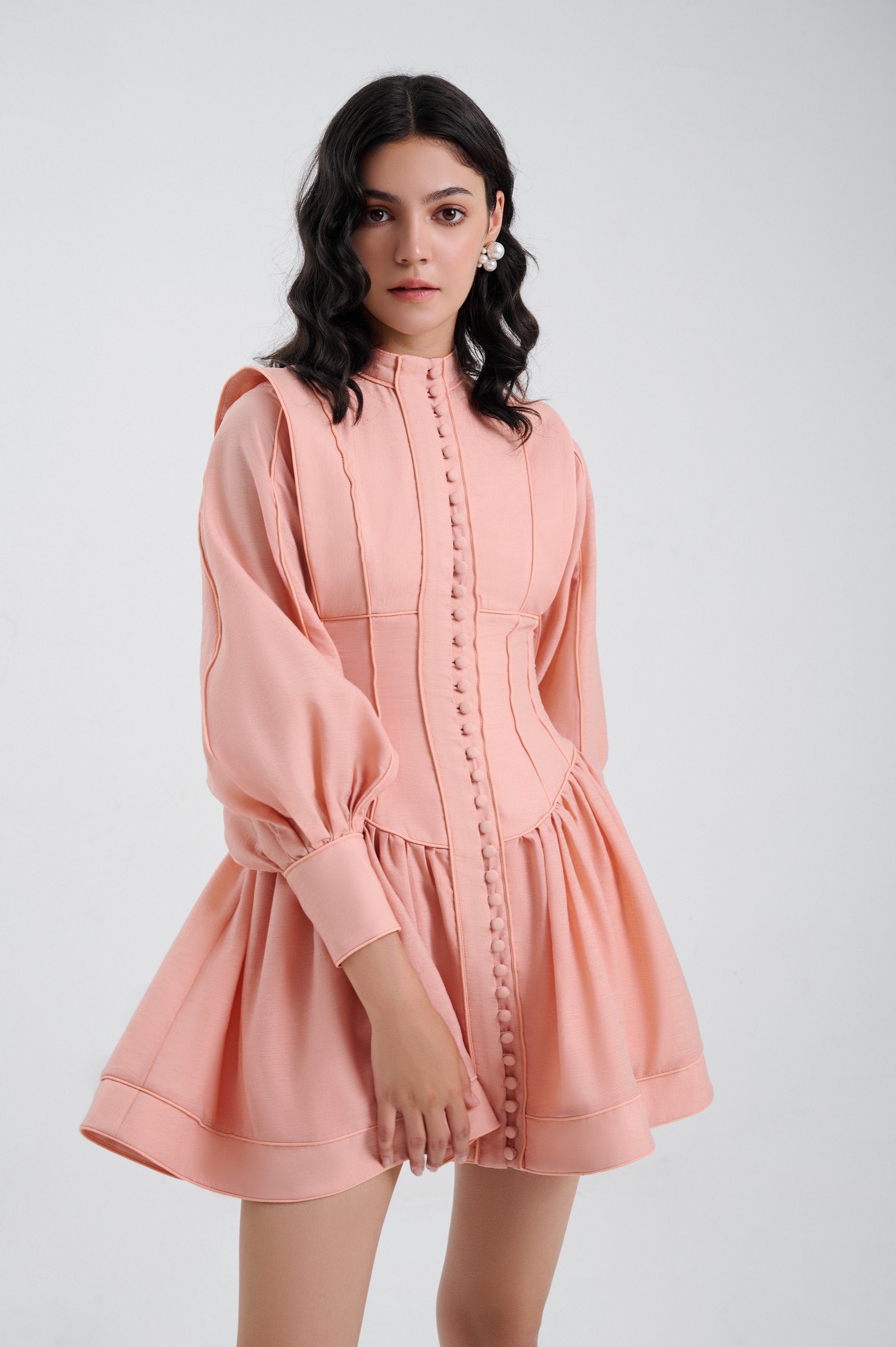 Đầm kiểu nữ tay phồng đính nút - orchid mini dress