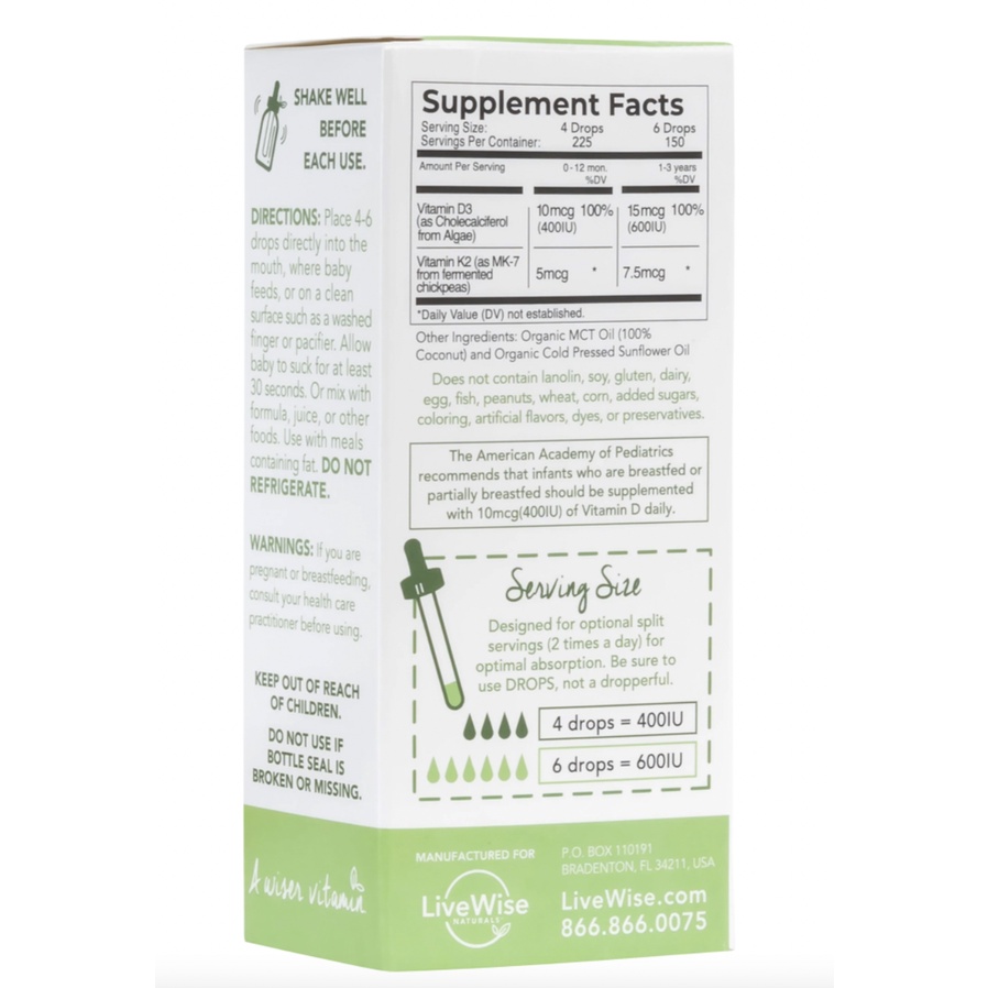 Vitamin D3 K2 hữu cơ LiveWise Mỹ cho bé