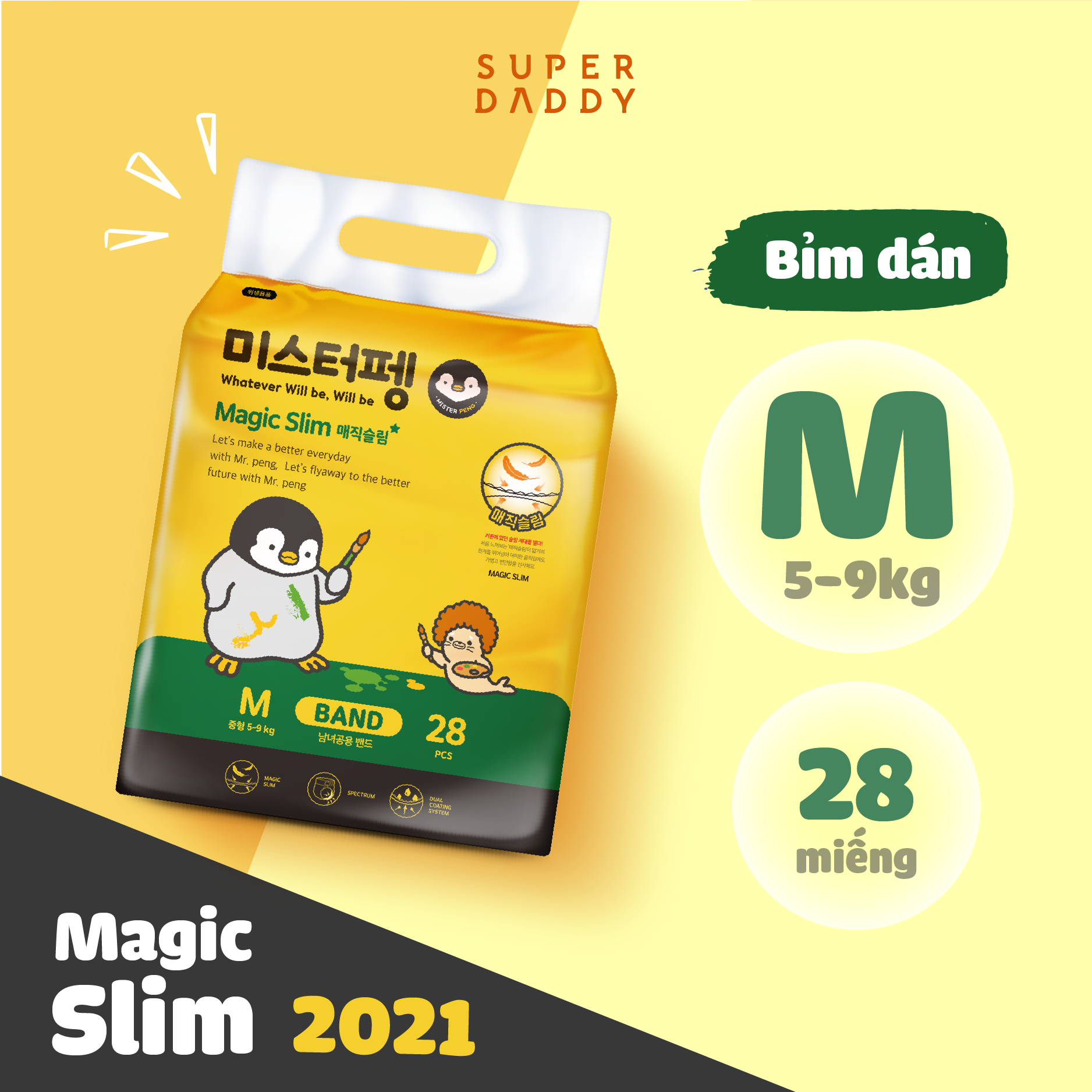 Tã Bỉm Quần/Dán Super Daddy Magic Slim Hàn Quốc Size M/L/XL/Big Size