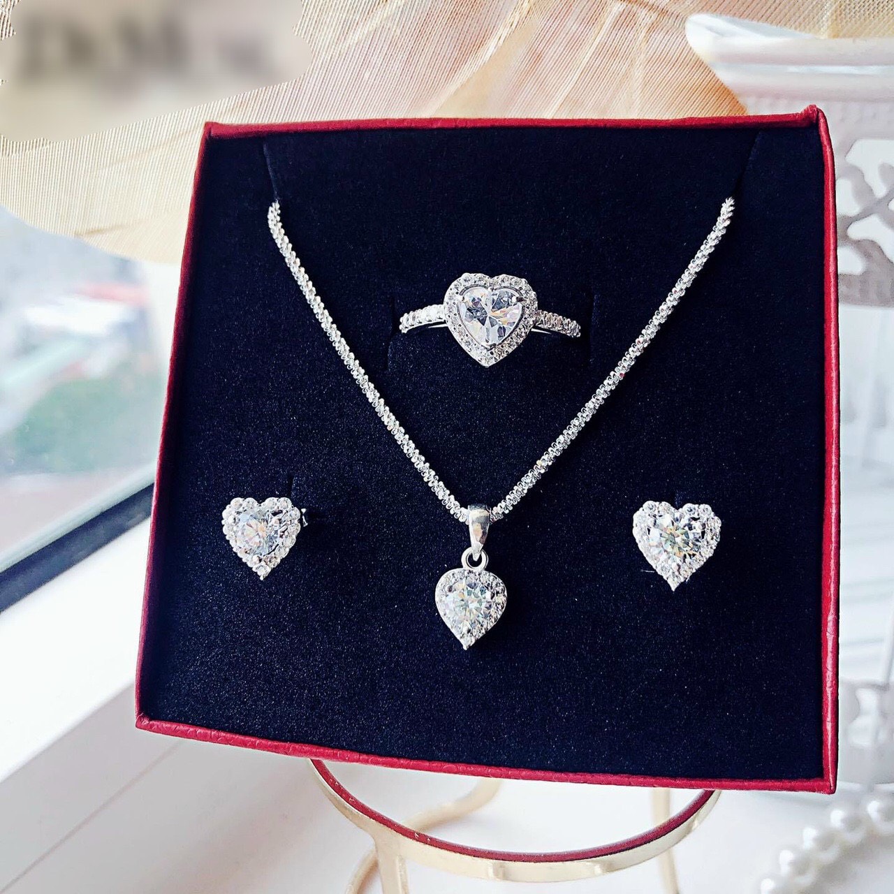 Bộ Trang Sức 4 Món Giá Rẻ Trái Tim Bạch Kim Nhỏ Nhắn Đáng Yêu - Thiết Kế Chuẩn Mẫu Thật, Không Đen Không Ngứa - HB77323 - QJ - Dùng Đeo Đi Tiệc Sang Trọng, Làm Quà Tặng Cho Người Thân Ý Nghĩa