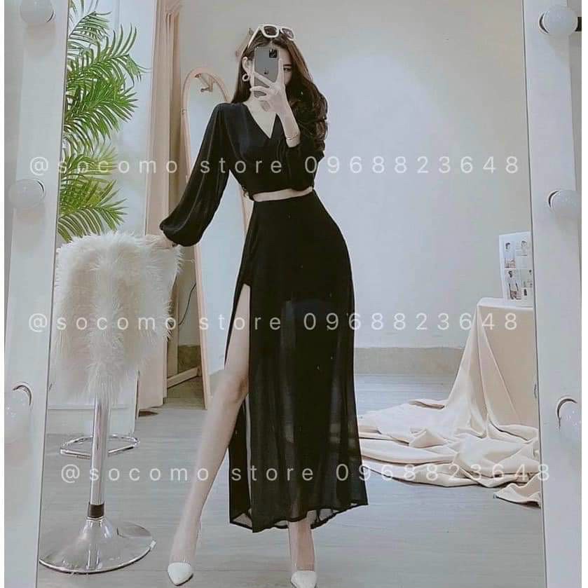 Set đi tiệc chân váy voan xẻ tà, áo croptop tay phồng cổ V, set đẹp chất voan hai lớp như hình mặc đi biển