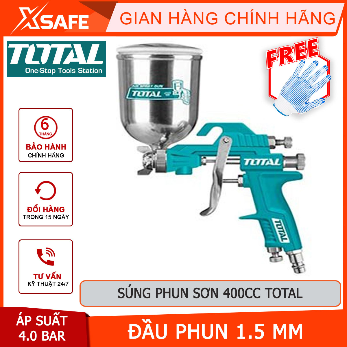 Spray gun pneumatic paint total TAT10402 spray equipment 1.5mm, pressure 3.0-4.0 Bar, 3.5-6.0cfm(99-170l/min), 400cc, 1.5-2.0mm spray paint smooth, đều, convenient wood paint, paint automobile, furniture, motorcycle, and leather, plastic [XTools] [xsafe]